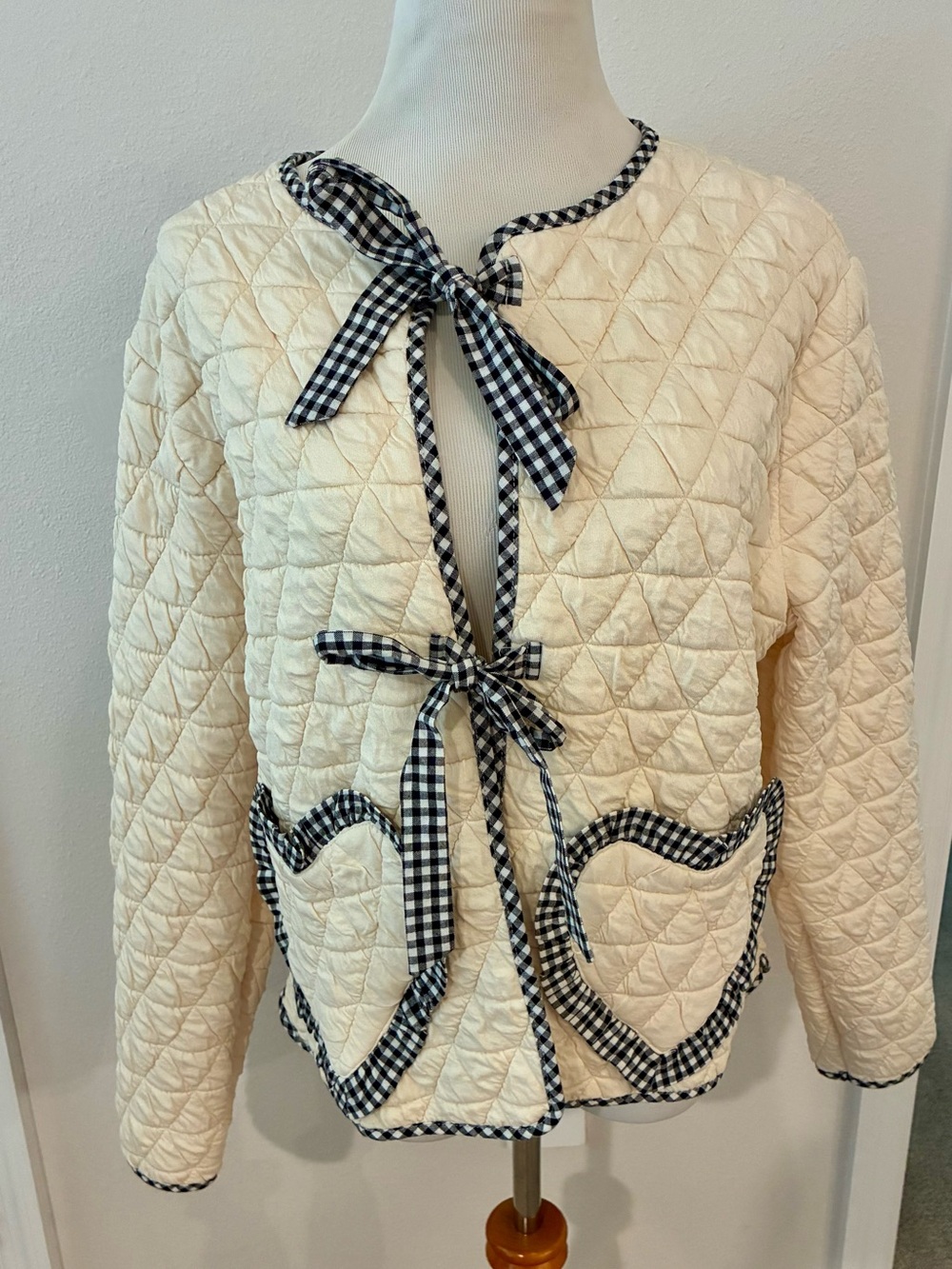 🎀 Rareraw Cream Quilted Gingham Bow Jacket – Size Small